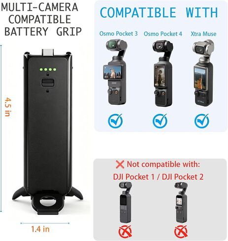 Fast Charging Battery Handle for Xtra Muse& DJI Osmo Pocket 4/ Pocket 3 4900mAh Grip with Built-in Hidden Foldable Tripod, Dual Anti-Drop Lock, LED Battery Indicator & 1/4" Thread in Kuwait
