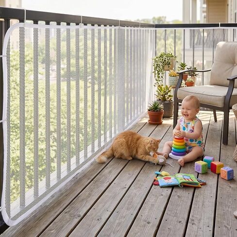 Banister Guard 15 x 3 ft Heavy Duty Stair Railing Cover for Pets, Reinforced Seam Dog Cat Safety Netting, No-Drill Balcony Barrier for Apartment Stairs, White. in Kuwait