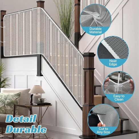 Banister Guard 15 x 3 ft Heavy Duty Stair Railing Cover for Pets, Reinforced Seam Dog Cat Safety Netting, No-Drill Balcony Barrier for Apartment Stairs, White. in Kuwait