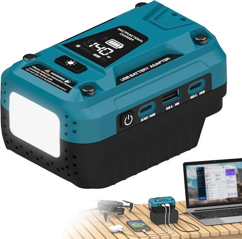 140W USB Battery Charger Adapter Compatible with DeWalt 20V Battery | PD 3.1 Fast Charging with Dual USB-C, 18W USB-A, Portable Phone Charger with 700LM LED Work Light and LED Screen Display in Kuwait