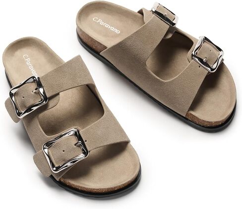 C.Paravano Women Suede Leather Slide Sandal Slip on Wide Width Arch Support | Contoured cushioned footbed, Adjustable metal buckle,Non-slip outsole,Beach sandals, Open toe slides in Kuwait