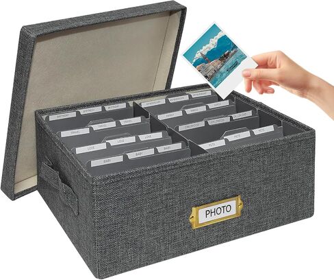 Linen Photo Storage Box with Lid & Dividers, Decorative Photo Organizer Box with Side Handle for up to 1700 4x6 Pictures, Memory Keepsake Organizer for Family Baby Photos, Cards, Letters, Crafts, Grey in Kuwait
