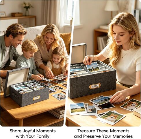 Linen Photo Storage Box with Lid & Dividers, Decorative Photo Organizer Box with Side Handle for up to 1700 4x6 Pictures, Memory Keepsake Organizer for Family Baby Photos, Cards, Letters, Crafts, Grey in Kuwait