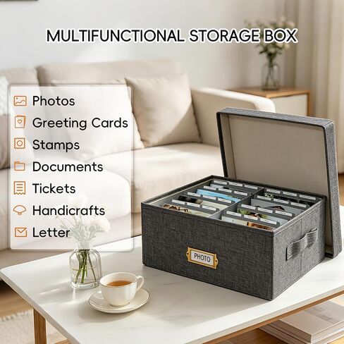 Linen Photo Storage Box with Lid & Dividers, Decorative Photo Organizer Box with Side Handle for up to 1700 4x6 Pictures, Memory Keepsake Organizer for Family Baby Photos, Cards, Letters, Crafts, Grey in Kuwait