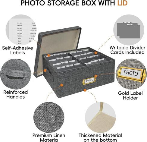 Linen Photo Storage Box with Lid & Dividers, Decorative Photo Organizer Box with Side Handle for up to 1700 4x6 Pictures, Memory Keepsake Organizer for Family Baby Photos, Cards, Letters, Crafts, Grey in Kuwait