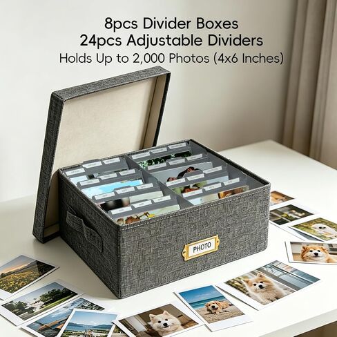 Linen Photo Storage Box with Lid & Dividers, Decorative Photo Organizer Box with Side Handle for up to 1700 4x6 Pictures, Memory Keepsake Organizer for Family Baby Photos, Cards, Letters, Crafts, Grey in Kuwait