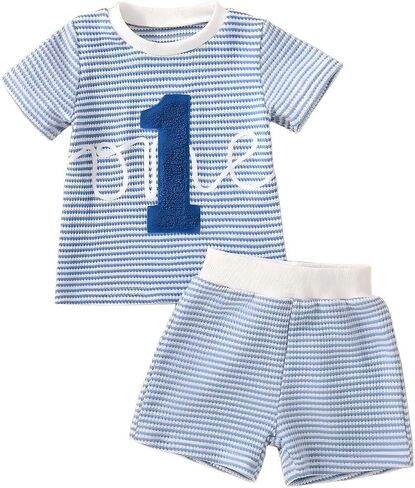 Baby Boys Girl 1st Birthday Outfit Waffle Knit One Embroidery Short Sleeve Top + Shorts Set Summer Clothes for 6 12 18 Months in Kuwait