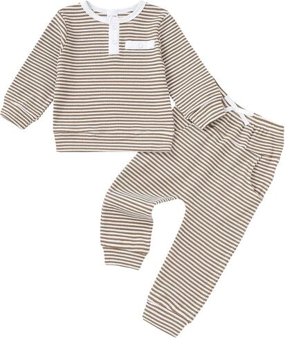 Renotemy Toddler Baby Boys Clothes Fall Winter Outfits Henley Knit Sweatshirt and Pants 2Pcs Soft Boys Clothing Sets 6M-4T in Kuwait
