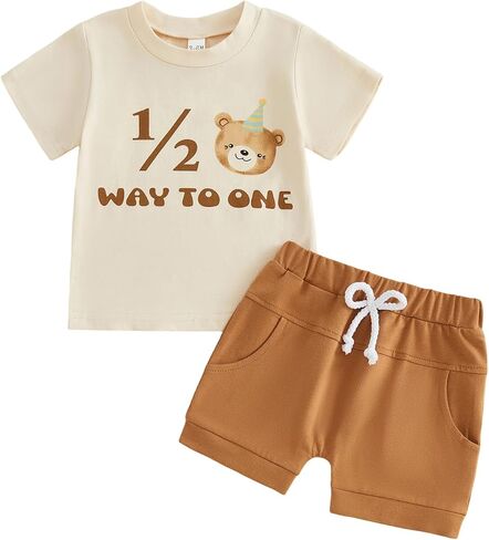 Half Birthday Outfit Baby Boy Animal Print Short Sleeve Letter T-Shirt and Shorts Cute 1/2 Birthday Clothes 2Pcs in Kuwait