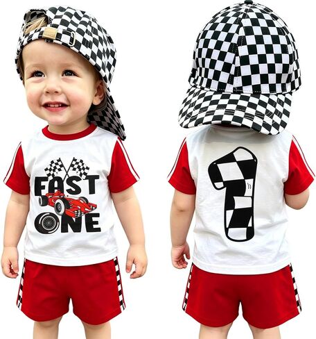 Ritatte Baby Boy Fast One 1st Birthday Outfit Race Car T-shirt and Shorts Set Checkerboard 1 Year Old Birthday Clothes in Kuwait