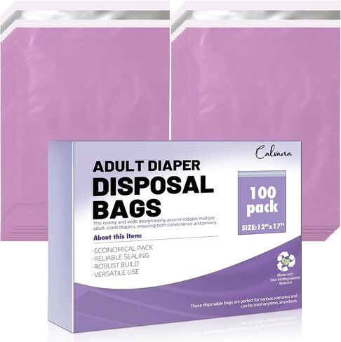 Calvana 100pcs Adult Diaper Disposal Bags, Extra Large 12"x17", Odor-Proof & Leak-Resistant, Thick Tear-Resistant Disposable Trash Bags for Adult Diapers, Baby Diapers, Pet Waste (Purple) in Kuwait