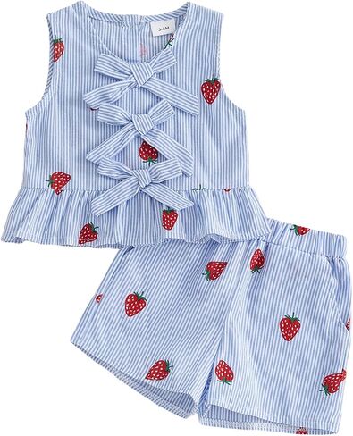 Toddler Girls Shorts Set Stripes Strawberry Sleeveless Bowknot Tank Top and Shorts Summer Outfit in Kuwait