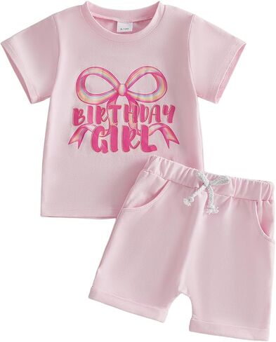 Toddler Baby Girl 1st 2nd 3rd 4th Birthday Outfit Birthday Girl Bow Short Sleeve T-Shirt Shorts Set Summer Clothes in Kuwait