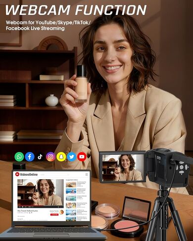 Video Camera Camcorder, QHD 2.7K 56MP 16X Digital Vlogging Camera with LED Fill Light for YouTube, 2.8'' 270° Rotation Screen Camcorder Camera with 32GB Card and Two Batteries in Kuwait