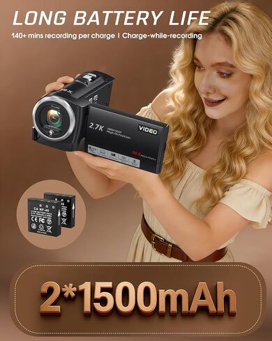 Video Camera Camcorder, QHD 2.7K 56MP 16X Digital Vlogging Camera with LED Fill Light for YouTube, 2.8'' 270° Rotation Screen Camcorder Camera with 32GB Card and Two Batteries in Kuwait