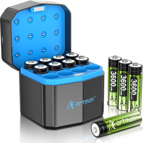 Artman Rechargeable AA Batteries Lithium 12 Pack with 12-Slot Charger, 3600mWh 1.5V High Power AA Lithium Batteries for Blink Outdoor Camera, Rechargeable Double A Battery with 2000+ Cycles (Green) in Kuwait