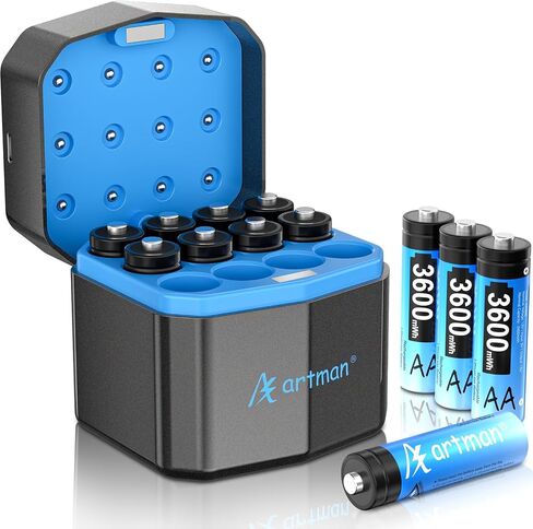 Artman Rechargeable AA Batteries Lithium 12 Pack with 12-Slot Charger, 3600mWh 1.5V High Power AA Lithium Batteries for Blink Outdoor Camera, Rechargeable Double A Battery with 2000+ Cycles (Green) in Saudi Arabia