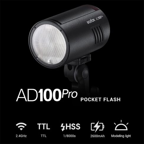 Godox AD100 Pro Godox 100Ws Pocket Flash Strobe – 2.4G Wireless X System, 2600mAh Li-ion (360 Flashes), 1/8000s HSS, 0.01-1.5s Recycling, OLED Screen, 1.8W LED Model Light, TTL/Multi/M in Kuwait