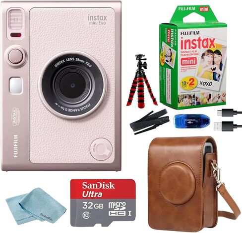 Fujifilm Instant Mini EVO Hybrid Camera Bundle with 20 Instant Film Sheets + 32GB Memory Card + Carrying Case + Flex Tripod + BluebirdSales Cleaning Cloth (Brown) in Kuwait