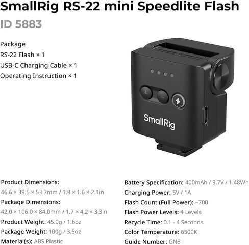 SmallRig RS-22 Mini Camera Flash for Sony for Nikon for Canon for Fuji DSLR, GN8 Manual Speedlite, 85° Adjustable, 4 Levels 1/1-1/8, 700 Full Power Flashes, 0.1-4s Recycle/6500K/400mAh Battery -5883 in Kuwait