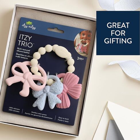 Itzy Ritzy Silicone Teether Trio for Babies - Soft, Flexible BPA-Free Teething Toys with Textured Surfaces & Easy-Grip Ring for Sensory Play and Fine Motor Skill Development (Bows) in Kuwait
