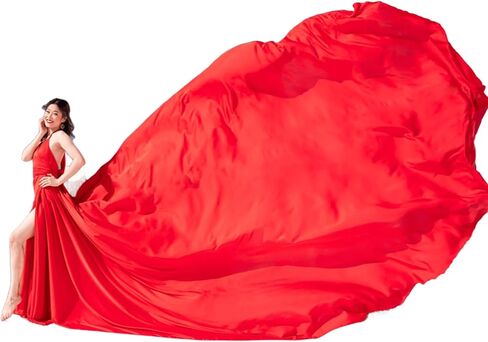 Red Long Tail Flying Dress for Women's Wedding, Maternity Photoshoot Santorini Long Flying Dress for Photoshoot | Long Tail Satin Maxi in Kuwait
