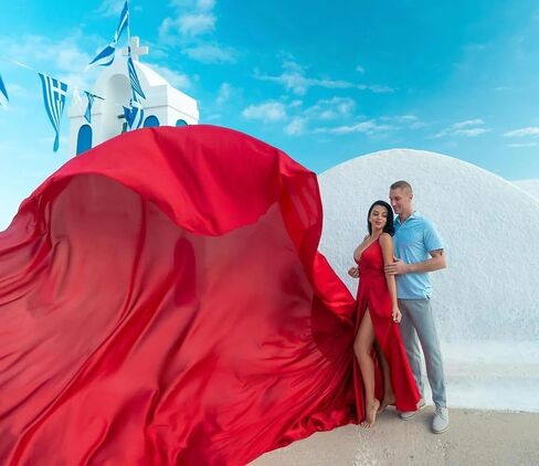 Red Long Tail Flying Dress for Women's Wedding, Maternity Photoshoot Santorini Long Flying Dress for Photoshoot | Long Tail Satin Maxi in Kuwait