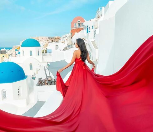 Red Long Tail Flying Dress for Women's Wedding, Maternity Photoshoot Santorini Long Flying Dress for Photoshoot | Long Tail Satin Maxi in Kuwait