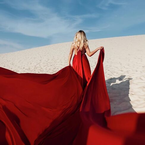 Red Long Tail Flying Dress for Women's Wedding, Maternity Photoshoot Santorini Long Flying Dress for Photoshoot | Long Tail Satin Maxi in Kuwait