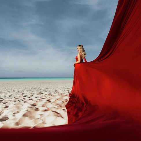 Red Long Tail Flying Dress for Women's Wedding, Maternity Photoshoot Santorini Long Flying Dress for Photoshoot | Long Tail Satin Maxi in Kuwait