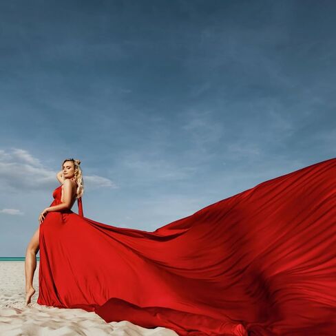 Red Long Tail Flying Dress for Women's Wedding, Maternity Photoshoot Santorini Long Flying Dress for Photoshoot | Long Tail Satin Maxi in Kuwait