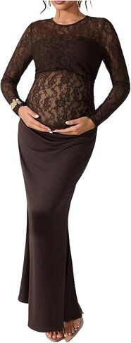 OYOANGLE Women's Maternity Fishtail Maxi Dress Lace Long Sleeve Ruched Bodycon Evening Formal Party Dresses in Kuwait