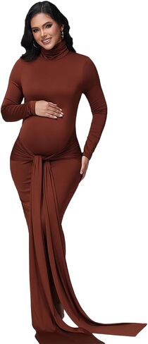 Maternity High Neck Long Sleeves Lace-up Maxi Photography Dress for Photoshoot Solid Rouched Tie Baby Shower Gown in Kuwait