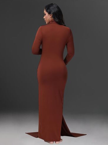 Maternity High Neck Long Sleeves Lace-up Maxi Photography Dress for Photoshoot Solid Rouched Tie Baby Shower Gown in Kuwait