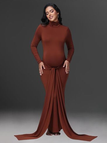 Maternity High Neck Long Sleeves Lace-up Maxi Photography Dress for Photoshoot Solid Rouched Tie Baby Shower Gown in Kuwait