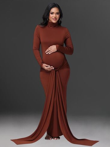 Maternity High Neck Long Sleeves Lace-up Maxi Photography Dress for Photoshoot Solid Rouched Tie Baby Shower Gown in Kuwait