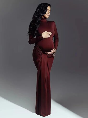 Maternity High Neck Long Sleeves Lace-up Maxi Photography Dress for Photoshoot Solid Rouched Tie Baby Shower Gown in Kuwait
