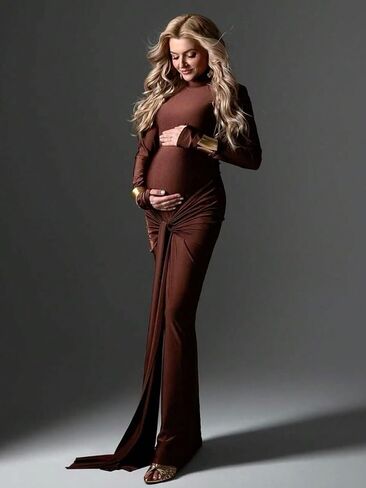 Maternity High Neck Long Sleeves Lace-up Maxi Photography Dress for Photoshoot Solid Rouched Tie Baby Shower Gown in Kuwait