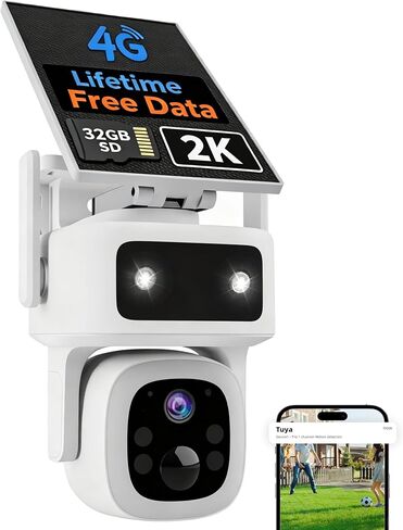 4G LTE Solar Cellular Security Camera Outdoor Wireless, Lifetime Free Data & No Monthly Fee, No WiFi Needed, 360° PTZ, 2K Full Color Night Vision, Human Tracking, 2-Way Audio, 32GB SD Card, IP66 in Kuwait