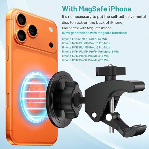 Mippko Stroller Phone Holder,Compatible with MagSafe,20 x N52 Strong Magnets with Clamp Mount,Magnetic Handlebar Mount for Treadmill/Peloton/Spin Bike/Gym/Shopping/Golf Carts, iPhone 12–17 & Android in Kuwait