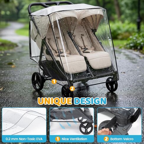Double Stroller Rain Cover, Universal Double Stroller Rain Cover Side by Side, Breathable Weather Shield for All-Weather Protection from Snow, Wind, Dust in Kuwait