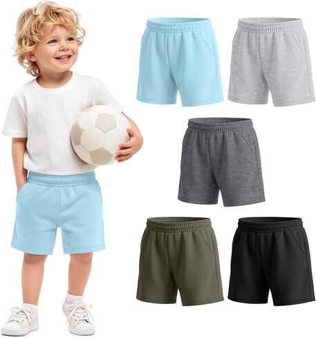 Yooo's Vivi 5 Pack Toddler Boys' Shorts Baby Boy Solid Elastic Waist Shorts with Pockets Sports Pull On Multipack in Kuwait