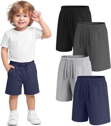 4 Pack Toddler Boys Shorts Drawstring Elastic Waist Pull-on Shorts Casual Soft Summer Baby Clothes with Pockets in Kuwait