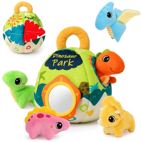 Baby Toys 6-12 Months - Soft Baby Stuffed Dinosaur with 5 Sensory Dinos - Rattle, Crinkle Paper, Squeaker, Mirror, Busy Montessori Plush Toys for Toddlers 0-3 Years Old - Christmas Birthday Gift in Kuwait