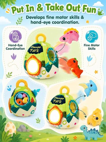 Baby Toys 6-12 Months - Soft Baby Stuffed Dinosaur with 5 Sensory Dinos - Rattle, Crinkle Paper, Squeaker, Mirror, Busy Montessori Plush Toys for Toddlers 0-3 Years Old - Christmas Birthday Gift in Kuwait