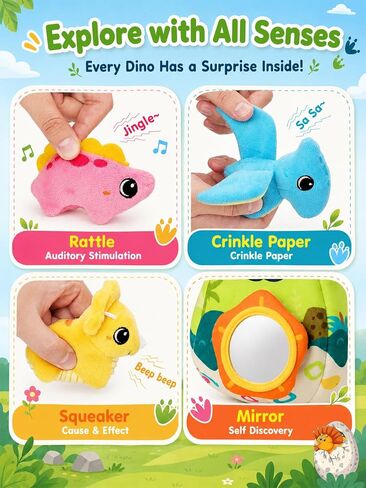 Baby Toys 6-12 Months - Soft Baby Stuffed Dinosaur with 5 Sensory Dinos - Rattle, Crinkle Paper, Squeaker, Mirror, Busy Montessori Plush Toys for Toddlers 0-3 Years Old - Christmas Birthday Gift in Kuwait