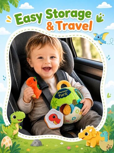 Baby Toys 6-12 Months - Soft Baby Stuffed Dinosaur with 5 Sensory Dinos - Rattle, Crinkle Paper, Squeaker, Mirror, Busy Montessori Plush Toys for Toddlers 0-3 Years Old - Christmas Birthday Gift in Kuwait