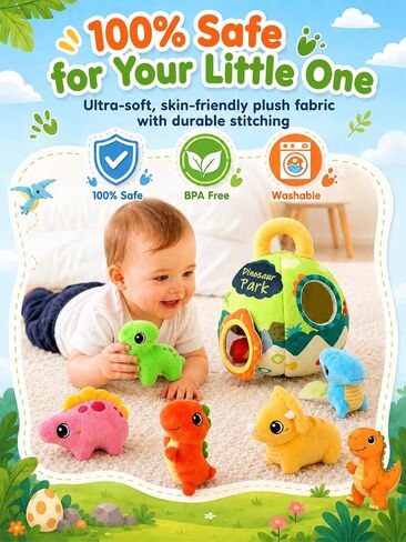Baby Toys 6-12 Months - Soft Baby Stuffed Dinosaur with 5 Sensory Dinos - Rattle, Crinkle Paper, Squeaker, Mirror, Busy Montessori Plush Toys for Toddlers 0-3 Years Old - Christmas Birthday Gift in Kuwait