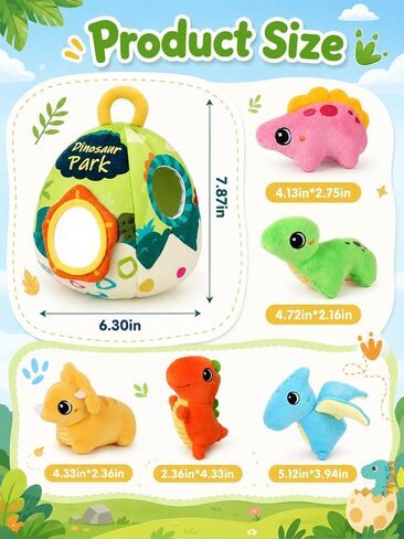 Baby Toys 6-12 Months - Soft Baby Stuffed Dinosaur with 5 Sensory Dinos - Rattle, Crinkle Paper, Squeaker, Mirror, Busy Montessori Plush Toys for Toddlers 0-3 Years Old - Christmas Birthday Gift in Kuwait