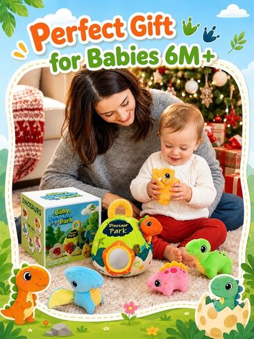 Baby Toys 6-12 Months - Soft Baby Stuffed Dinosaur with 5 Sensory Dinos - Rattle, Crinkle Paper, Squeaker, Mirror, Busy Montessori Plush Toys for Toddlers 0-3 Years Old - Christmas Birthday Gift in Kuwait